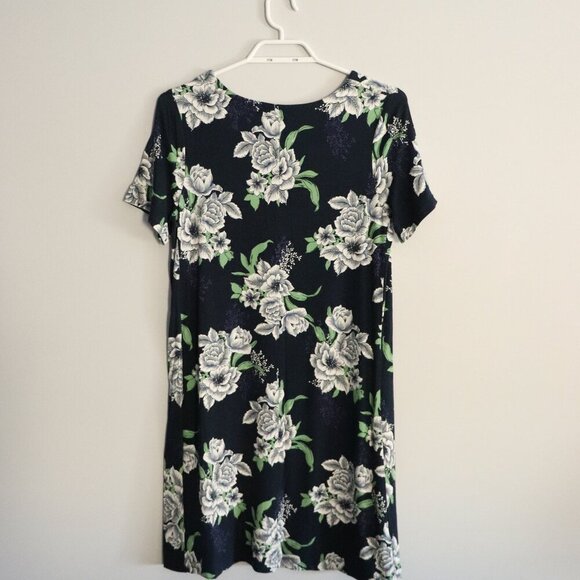 Loft Women's MP Blue Floral Short Sleeve Midi Stretch Crewneck Dress - Picture 2 of 9